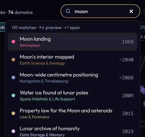 Searching for moon lists matches such as the Moon landing